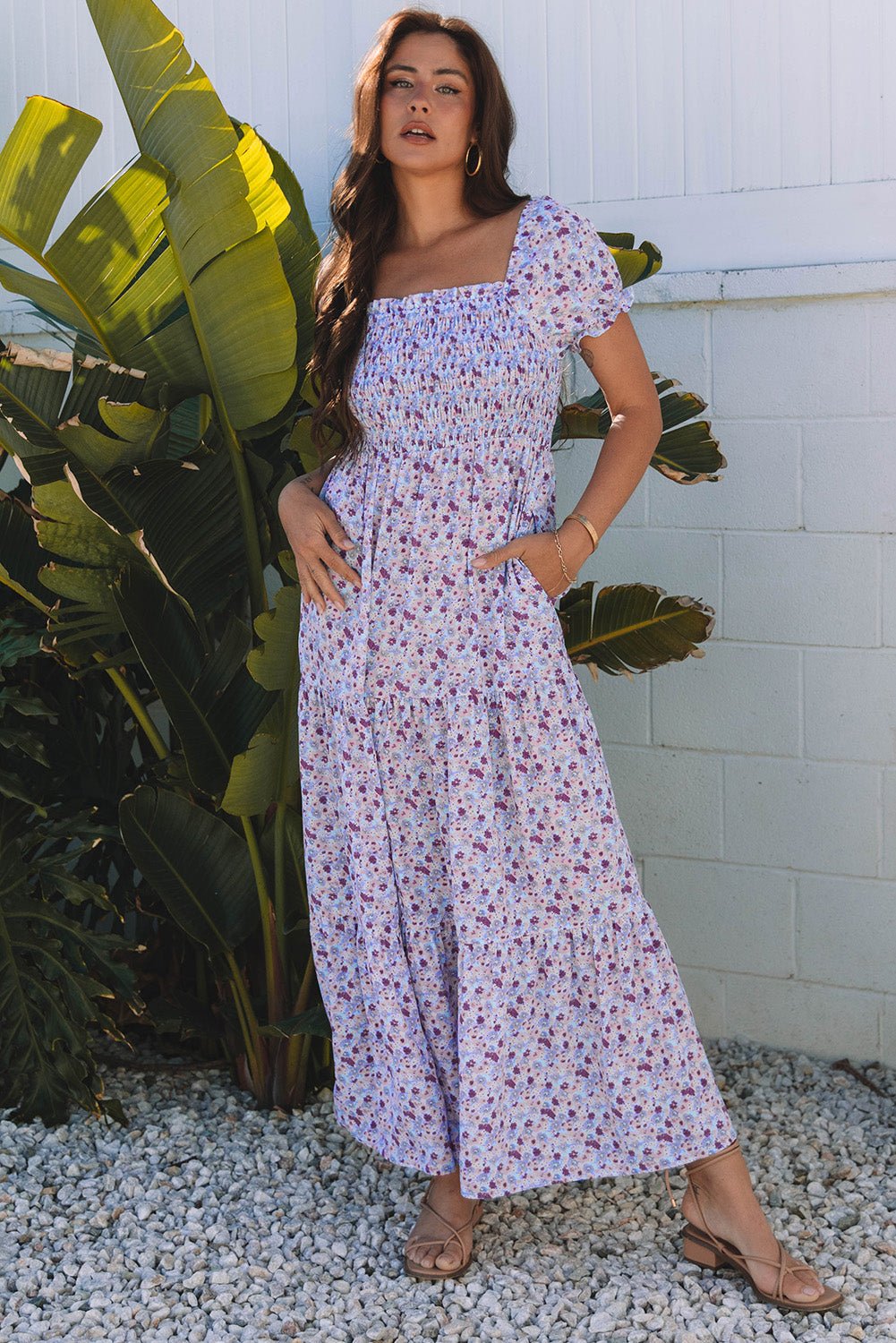 Purple Floral Short Bubble Sleeve Shirred High Waist Maxi Dress - Loving It Shop