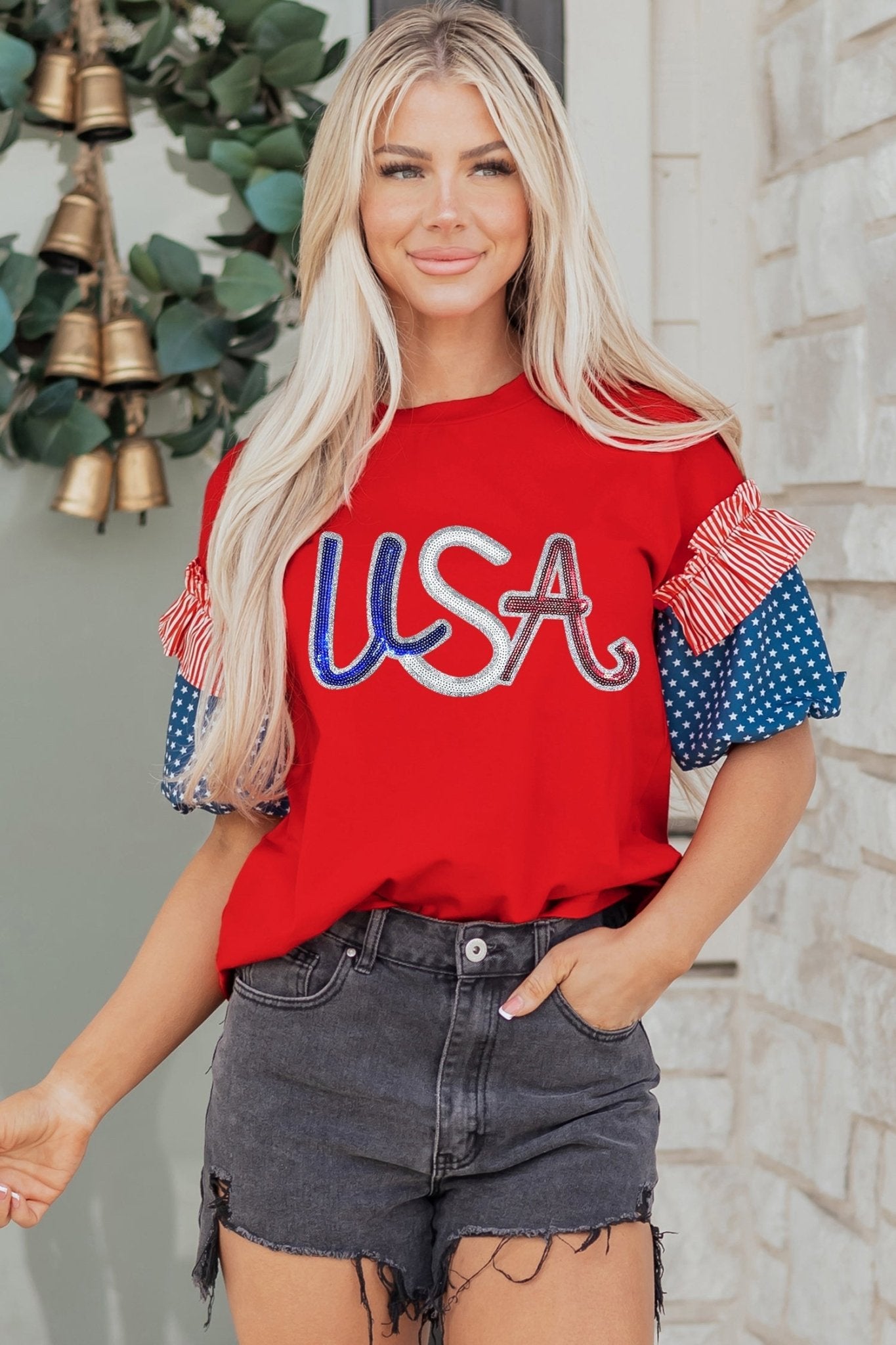 Fiery Red Sequin USA Lettering Patriotic Contrast Splicing Sleeve Top - Loving It Shop