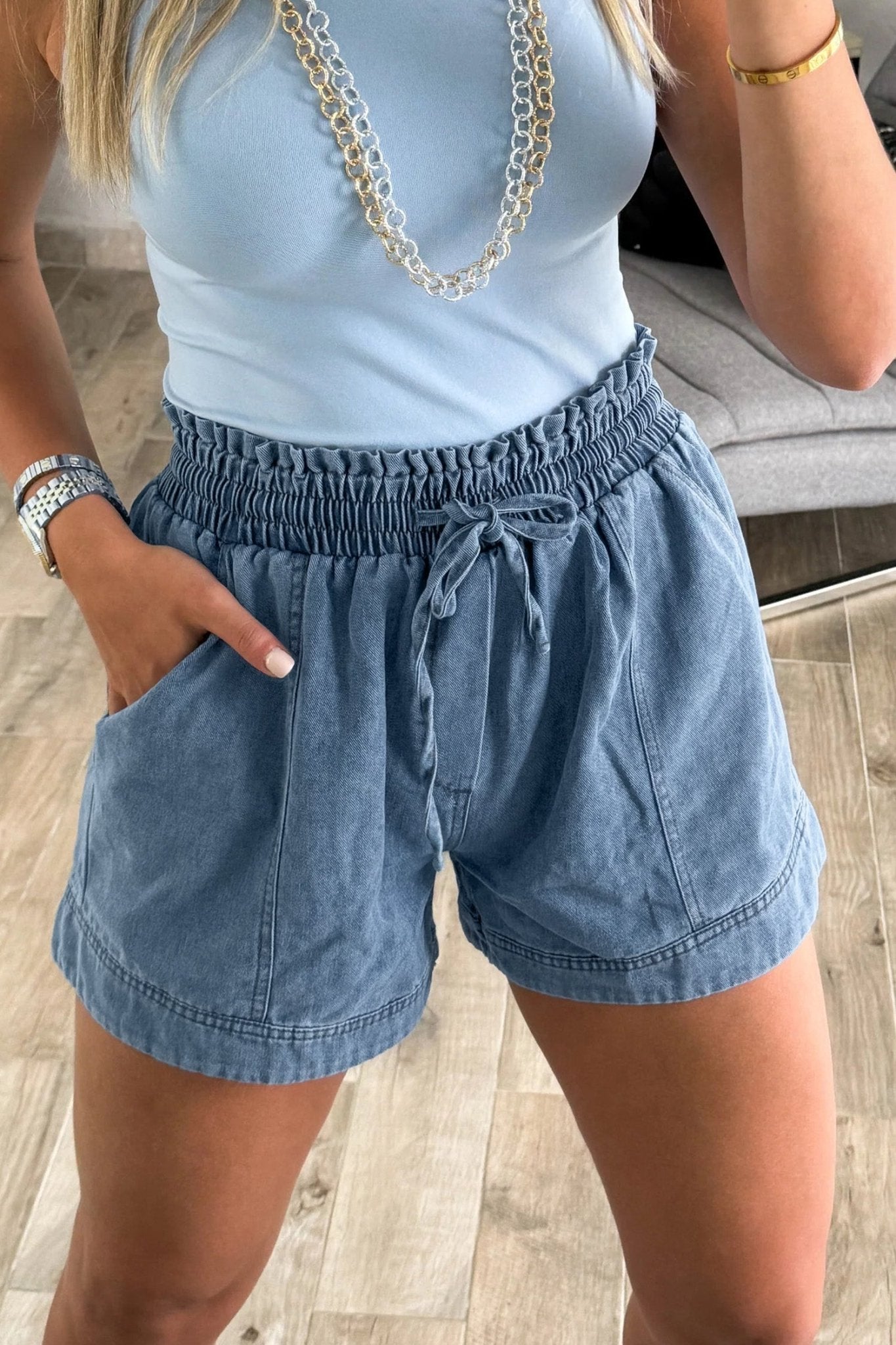 Dusk Blue Smocked Elastic Waist Denim Shorts - Loving It Shop