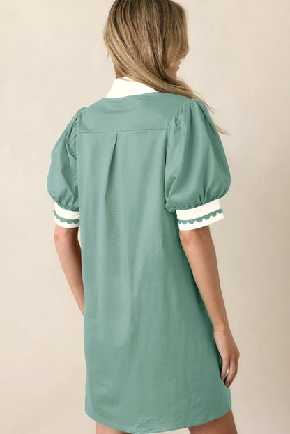 Canton Scallop Color Block Trim Puff Sleeve Mini Dress - Loving It Shop