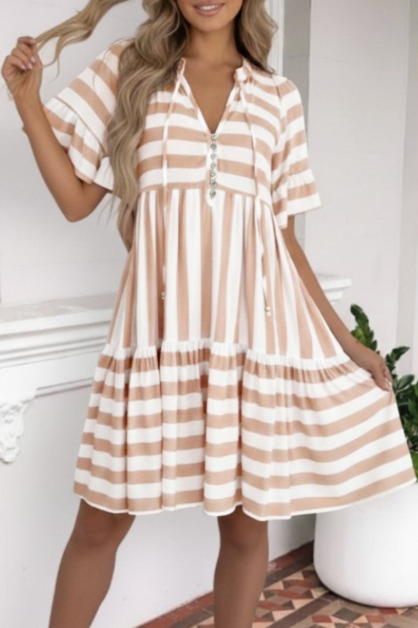 Khaki Stripe Tie V Neck Ruffle Trim Short Sleeve Flared Summer Dress - Loving It Shop