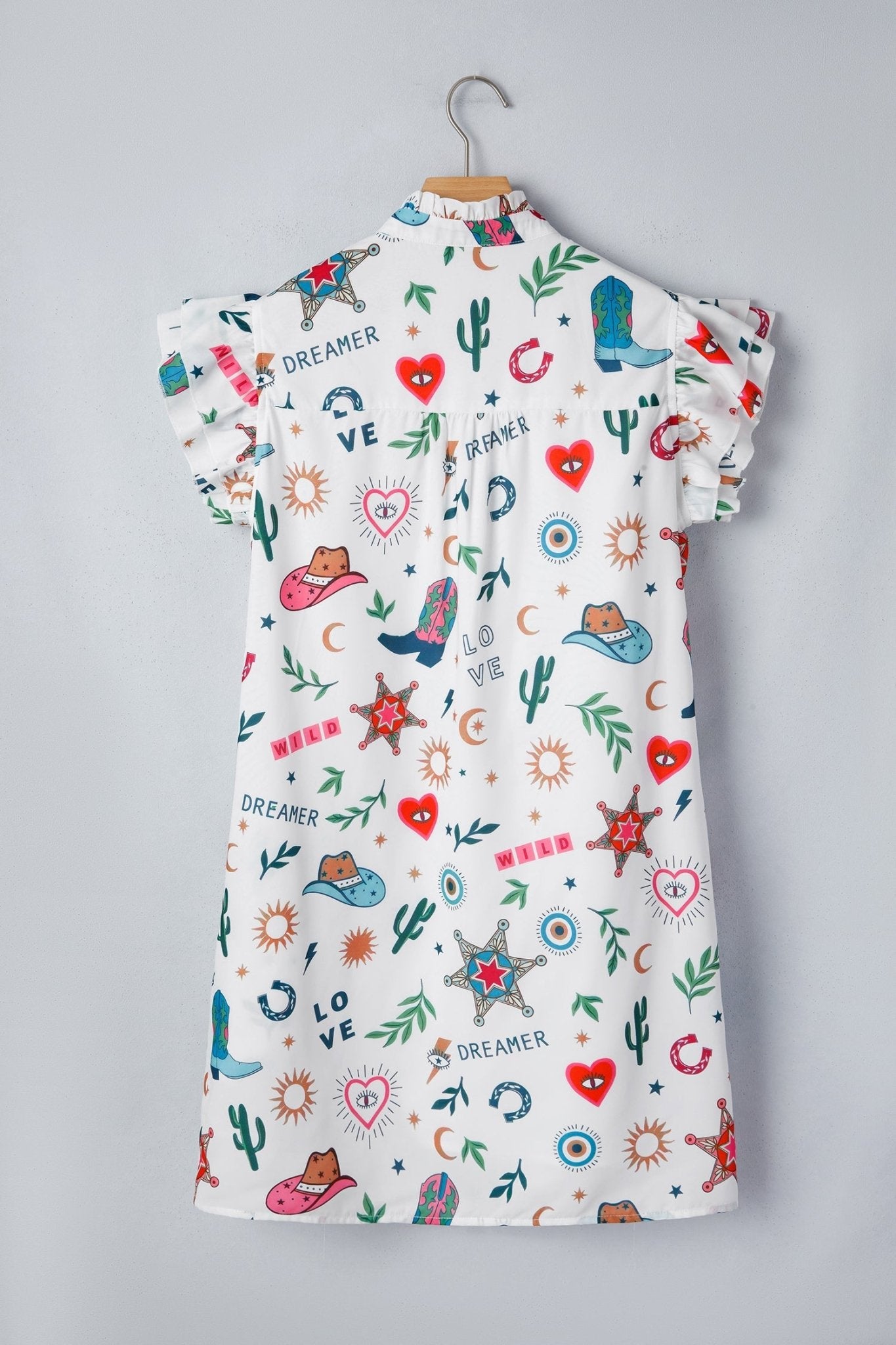 White Western Print Flutter Sleeve Button Down Mini Dress - Loving It Shop