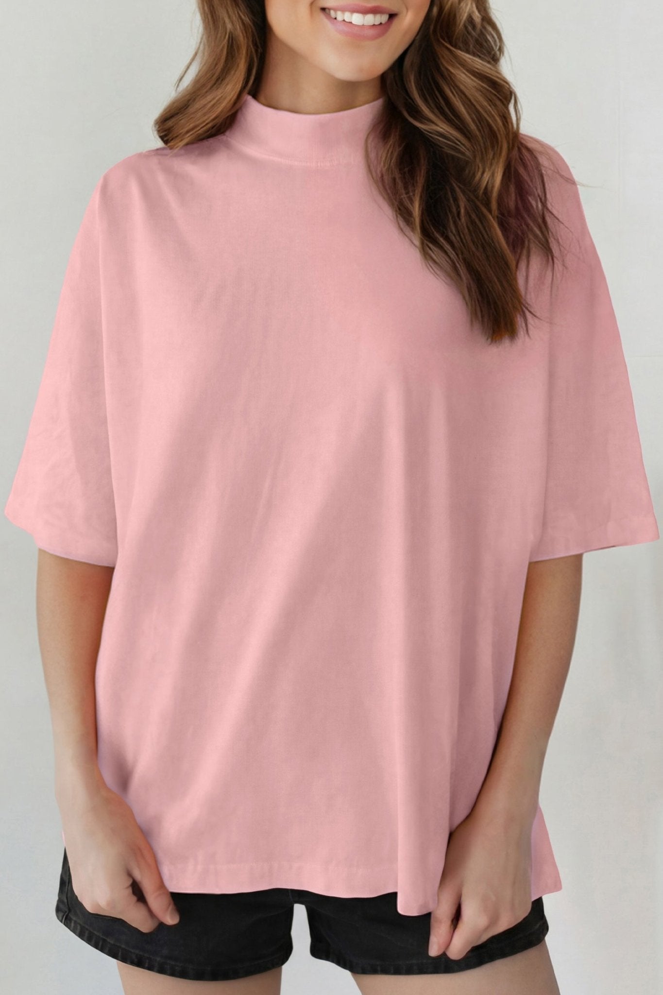 Pink Solid Color High Neck Oversize Tee - Loving It Shop