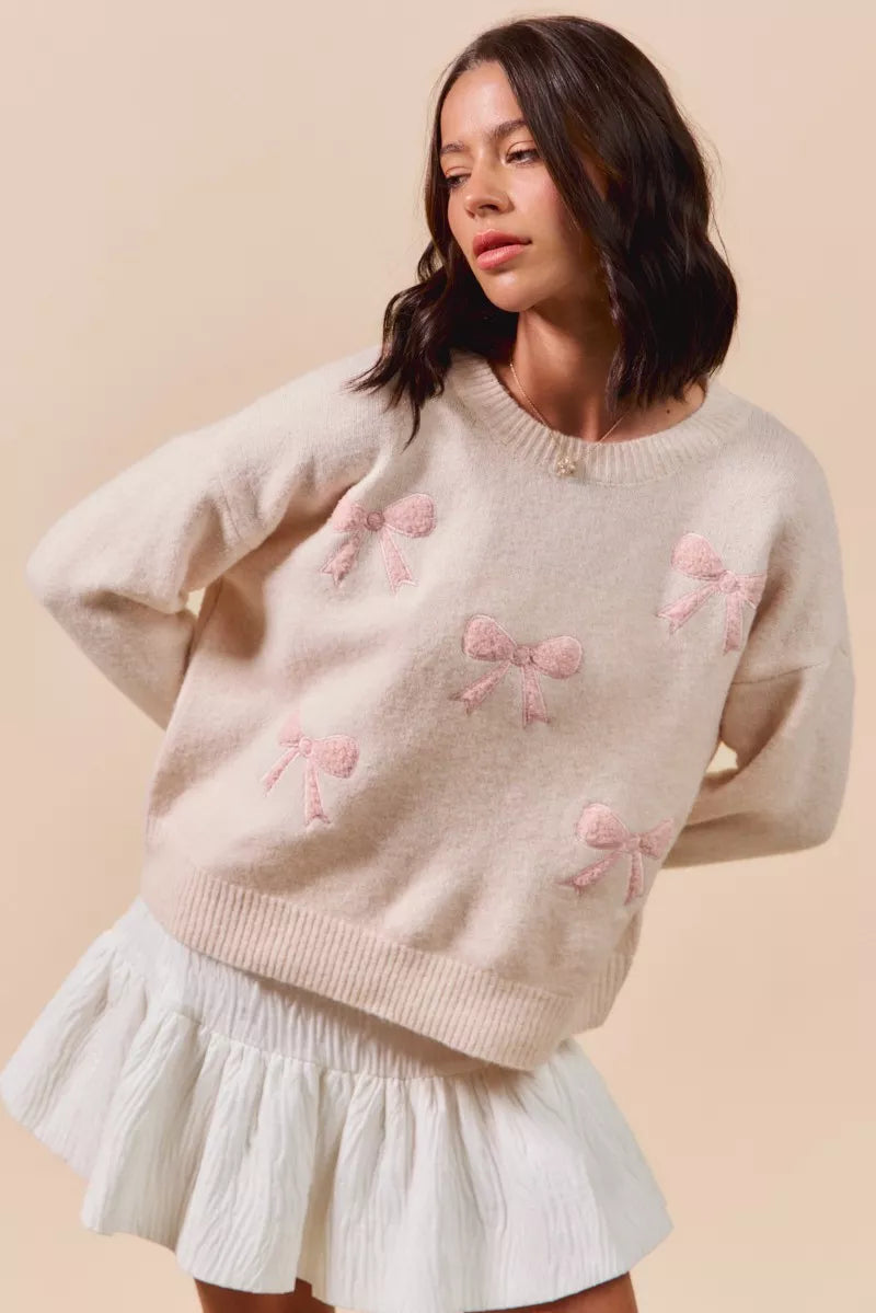 Embroidered Ribbon Round Neck Sweater