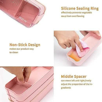 3-Layer Stackable Bento Box Japanese Lunch Box Kit with Spoon &amp; Fork