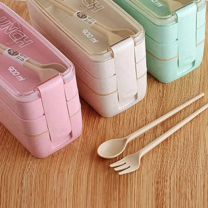 3-Layer Stackable Bento Box Japanese Lunch Box Kit with Spoon &amp; Fork
