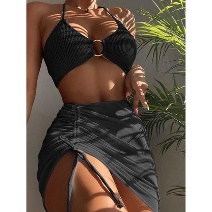 3-Pack: Textured Ring Linked Halter Bikini Swimsuit &amp; Beach Skirt