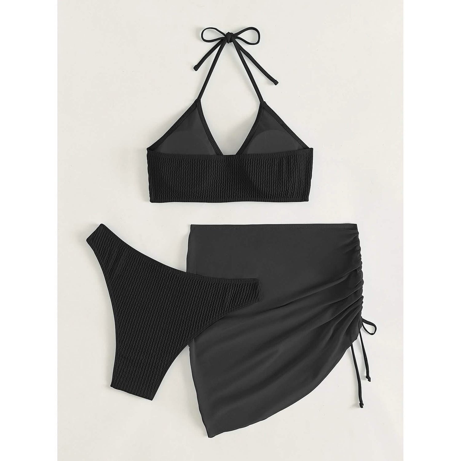 3-Pack: Textured Ring Linked Halter Bikini Swimsuit &amp; Beach Skirt
