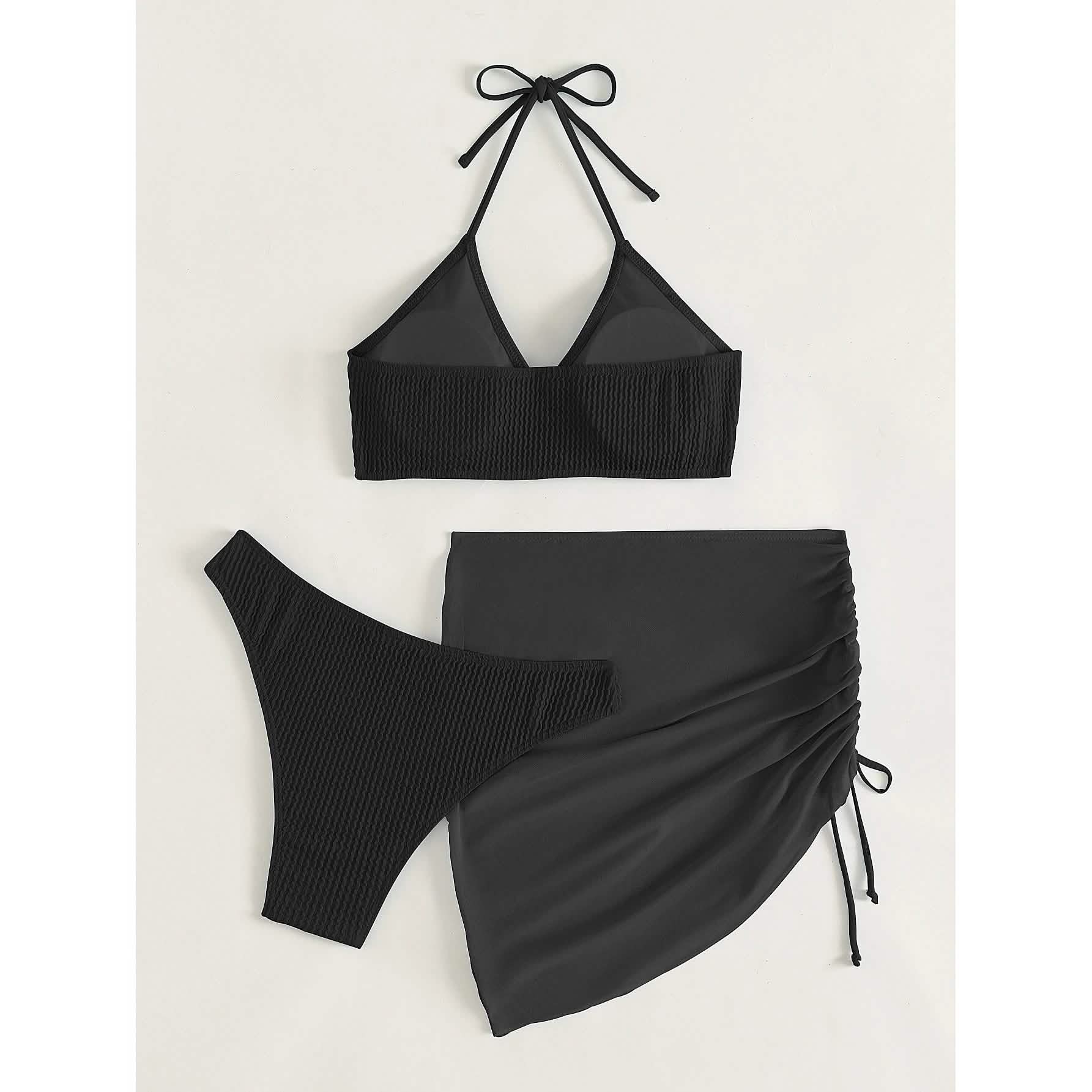 3-Pack: Textured Ring Linked Halter Bikini Swimsuit &amp; Beach Skirt