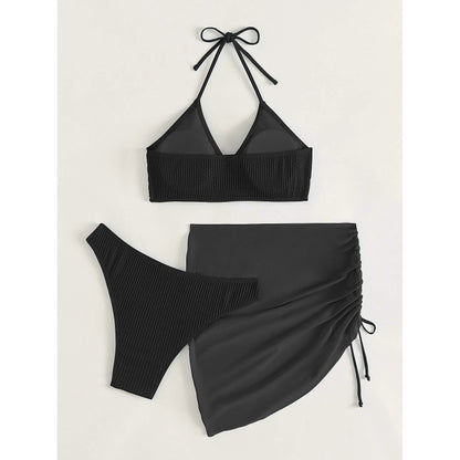 3-Pack: Textured Ring Linked Halter Bikini Swimsuit &amp; Beach Skirt