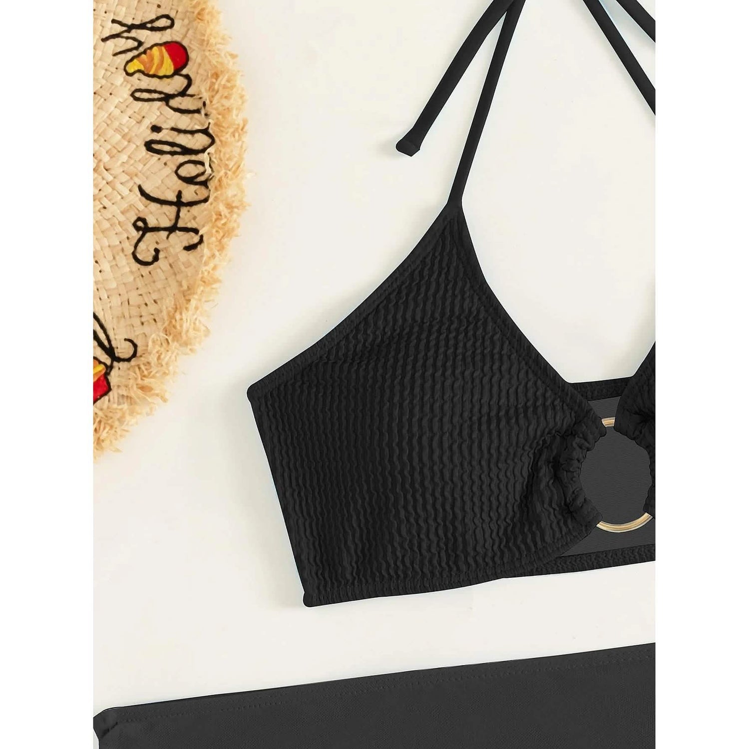 3-Pack: Textured Ring Linked Halter Bikini Swimsuit &amp; Beach Skirt