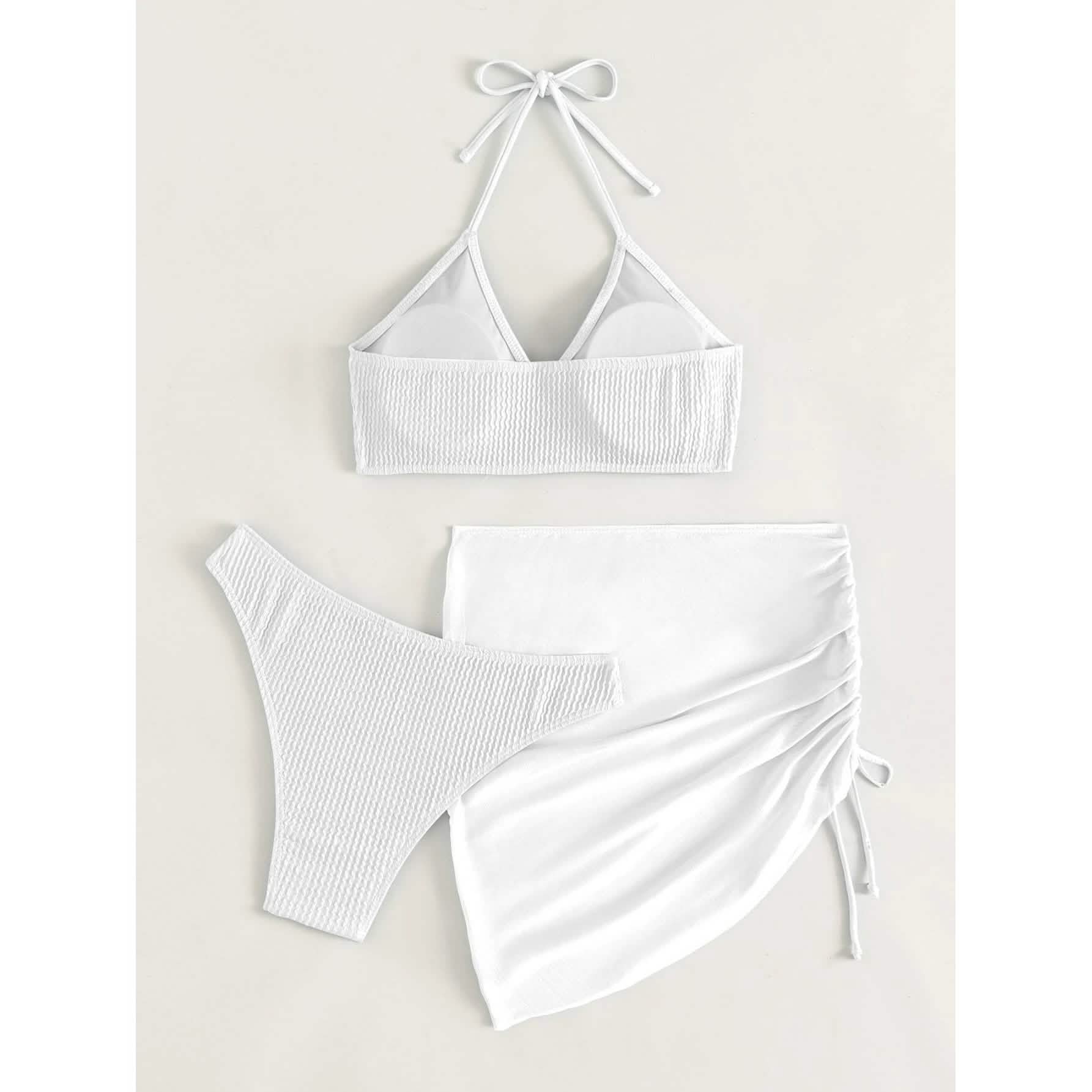 3-Pack: Textured Ring Linked Halter Bikini Swimsuit &amp; Beach Skirt