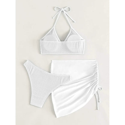 3-Pack: Textured Ring Linked Halter Bikini Swimsuit &amp; Beach Skirt