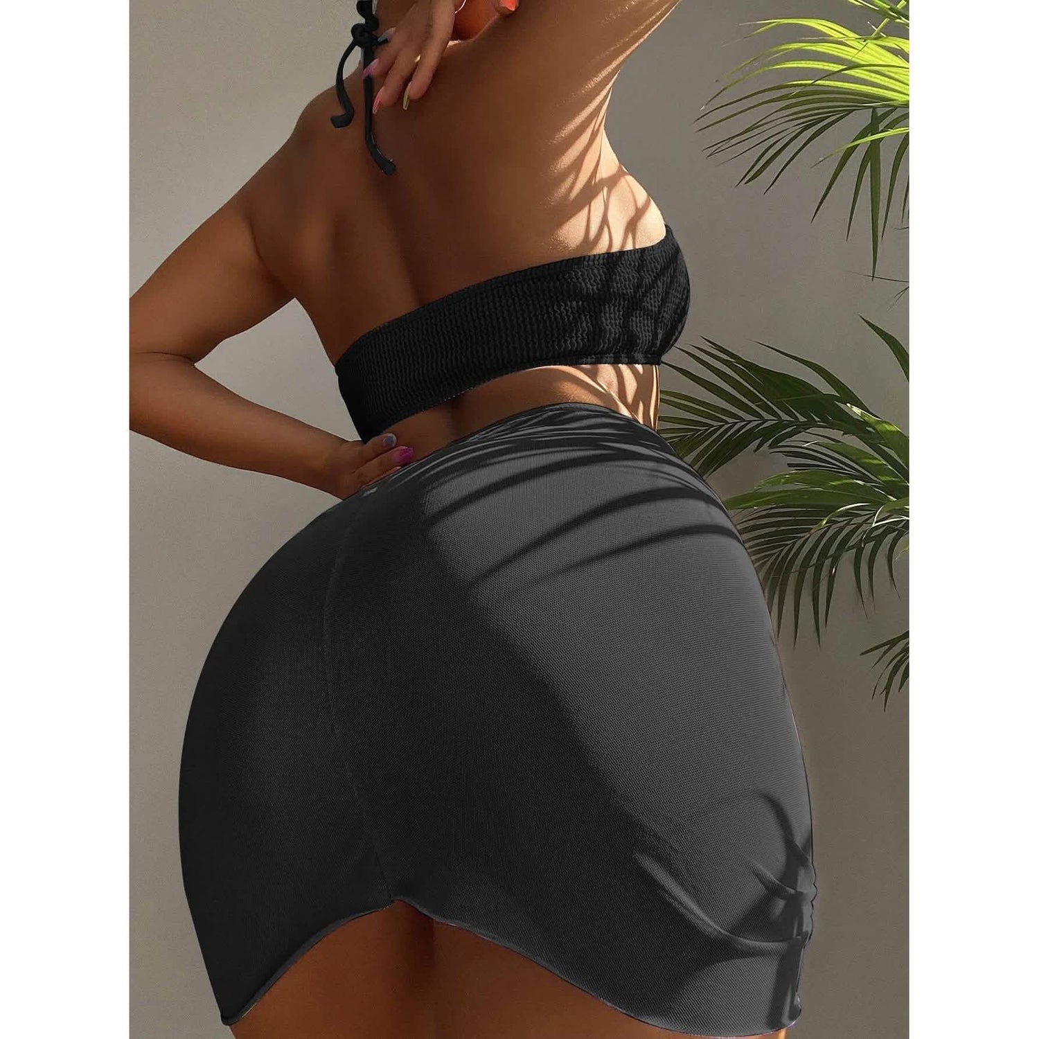 3-Pack: Textured Ring Linked Halter Bikini Swimsuit &amp; Beach Skirt