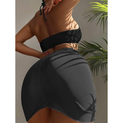 3-Pack: Textured Ring Linked Halter Bikini Swimsuit &amp; Beach Skirt