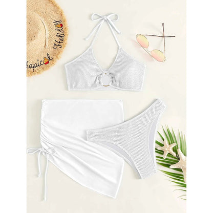 3-Pack: Textured Ring Linked Halter Bikini Swimsuit &amp; Beach Skirt
