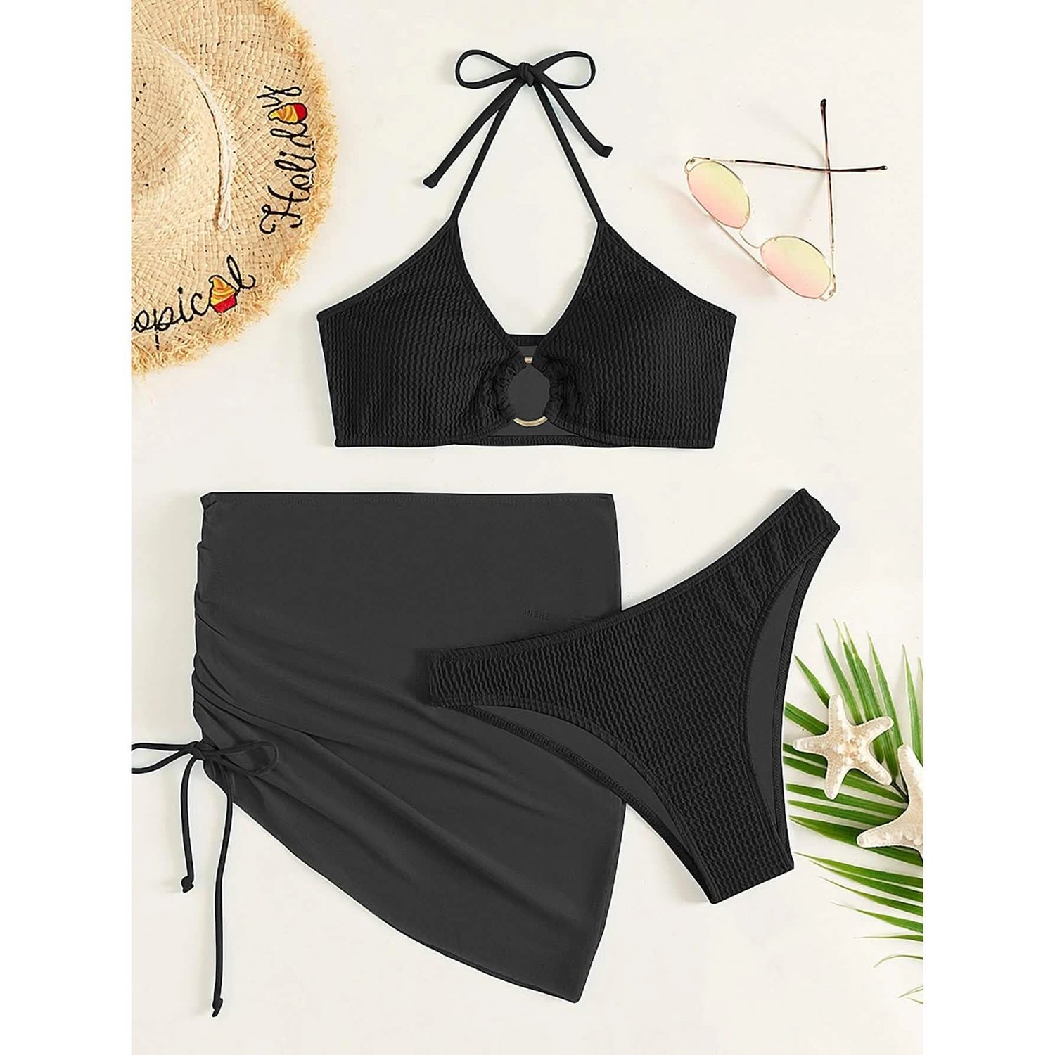 3-Pack: Textured Ring Linked Halter Bikini Swimsuit &amp; Beach Skirt