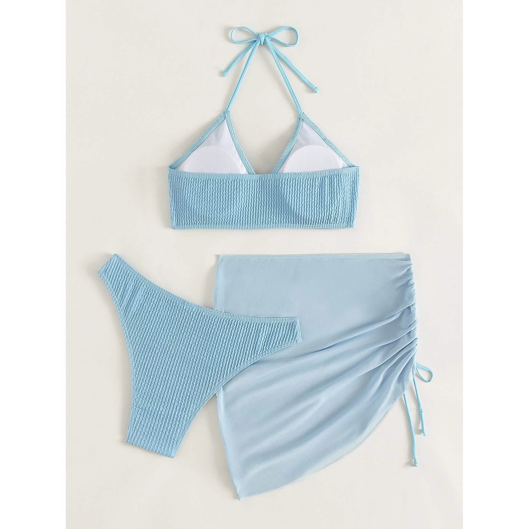 3-Pack: Textured Ring Linked Halter Bikini Swimsuit &amp; Beach Skirt