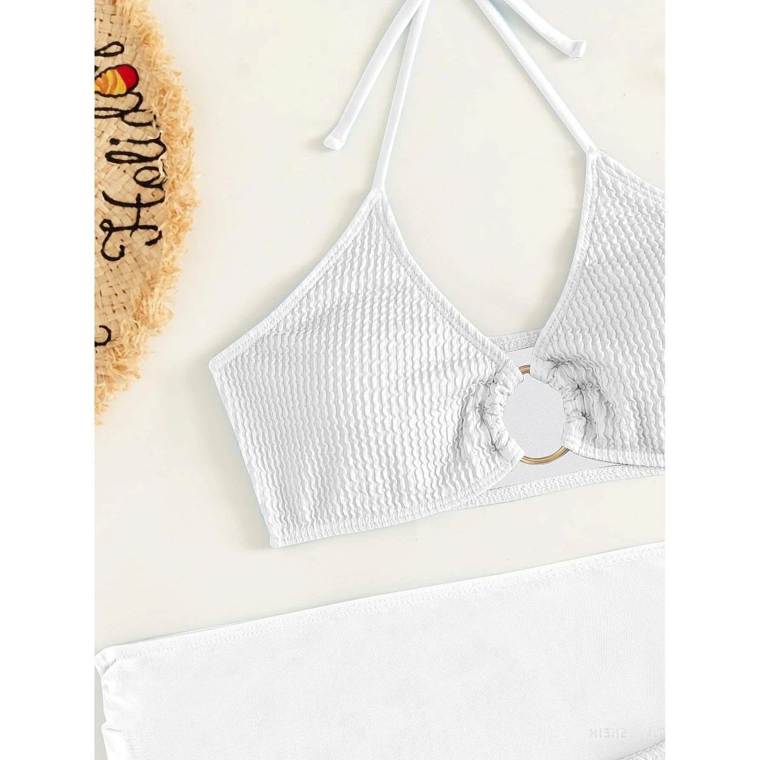 3-Pack: Textured Ring Linked Halter Bikini Swimsuit &amp; Beach Skirt