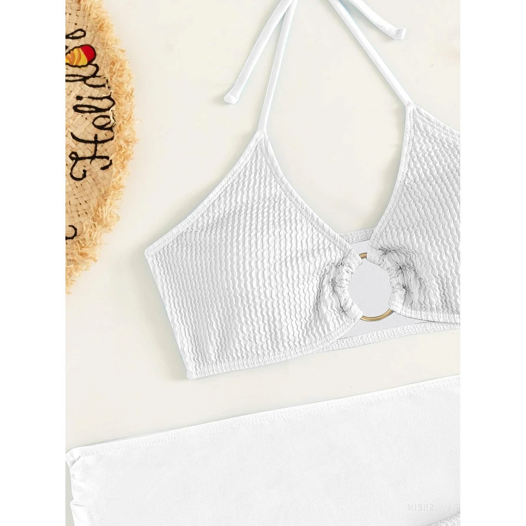 3-Pack: Textured Ring Linked Halter Bikini Swimsuit &amp; Beach Skirt