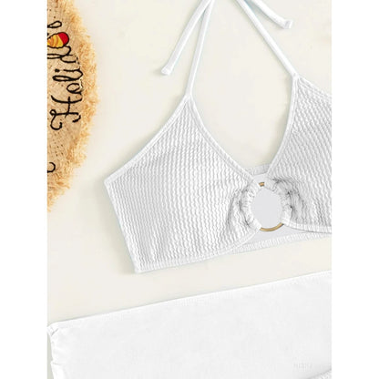 3-Pack: Textured Ring Linked Halter Bikini Swimsuit &amp; Beach Skirt