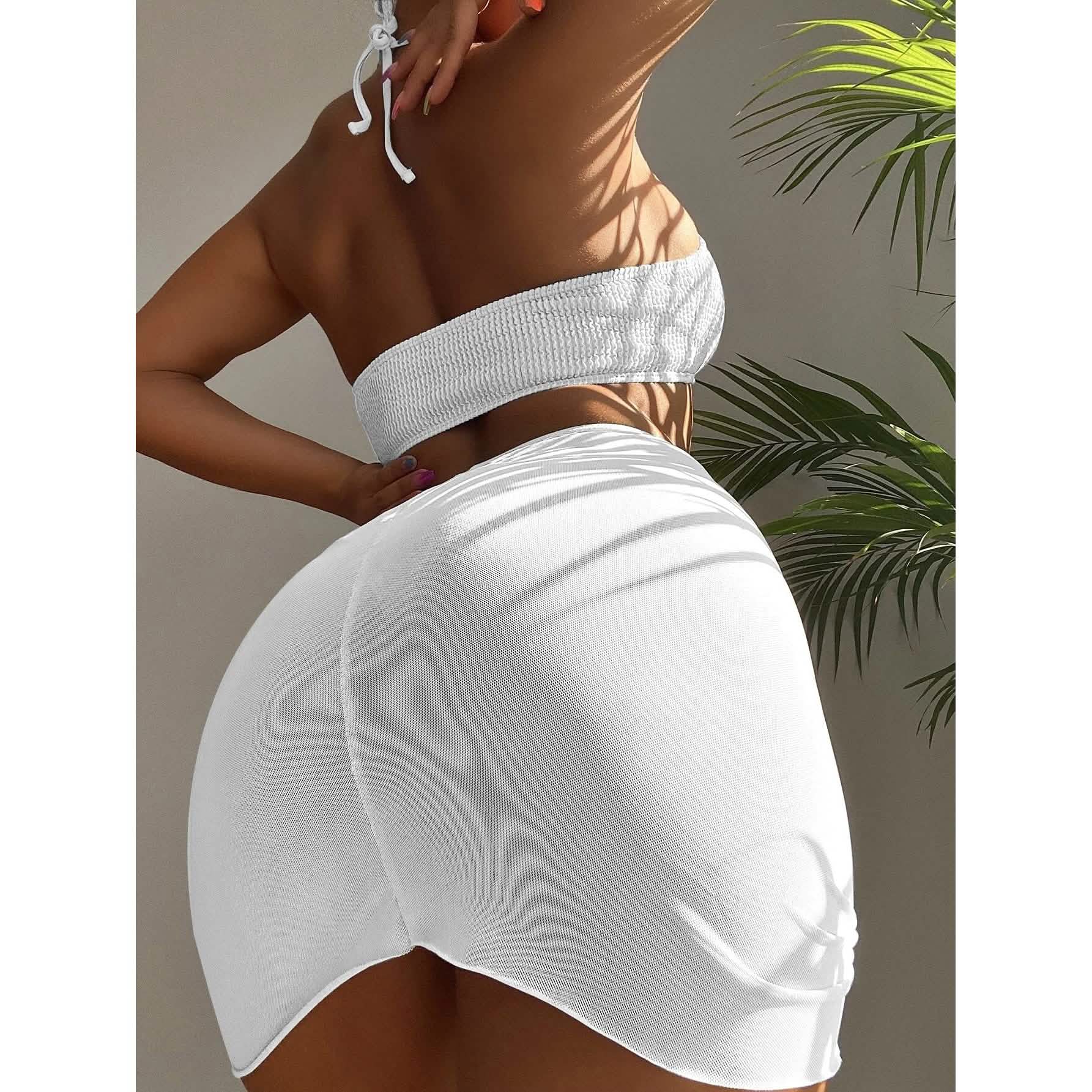 3-Pack: Textured Ring Linked Halter Bikini Swimsuit &amp; Beach Skirt