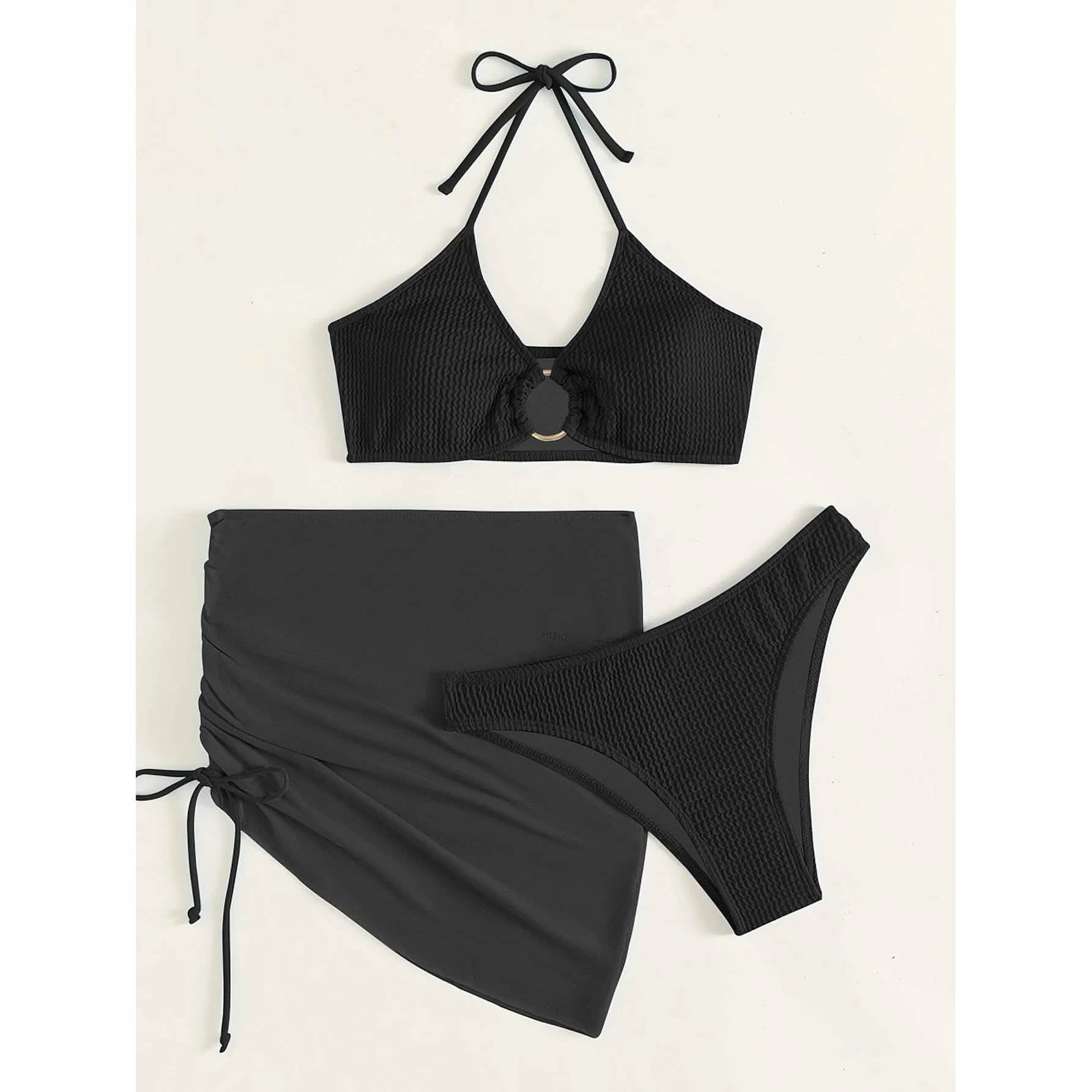 3-Pack: Textured Ring Linked Halter Bikini Swimsuit &amp; Beach Skirt