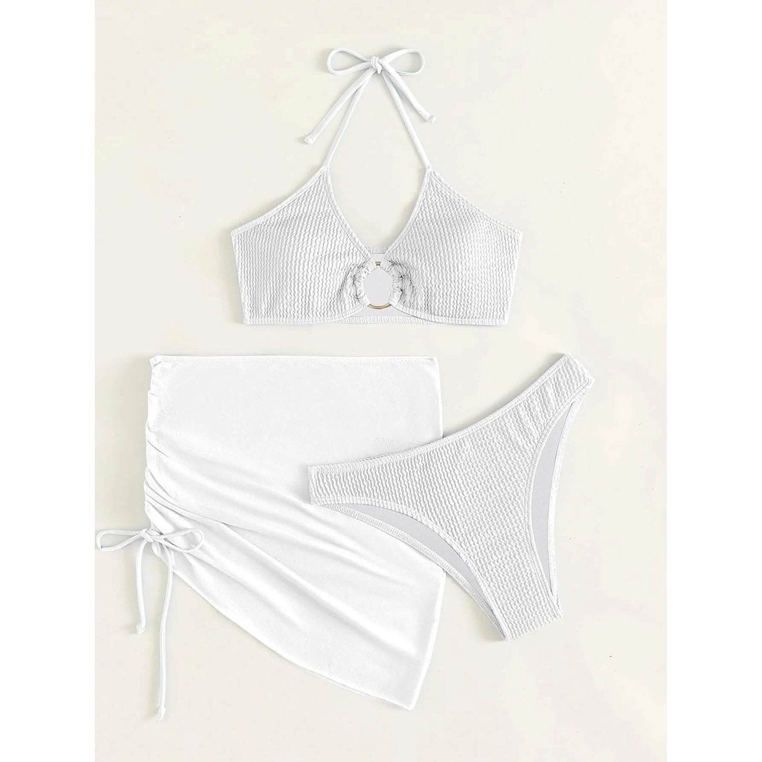 3-Pack: Textured Ring Linked Halter Bikini Swimsuit &amp; Beach Skirt