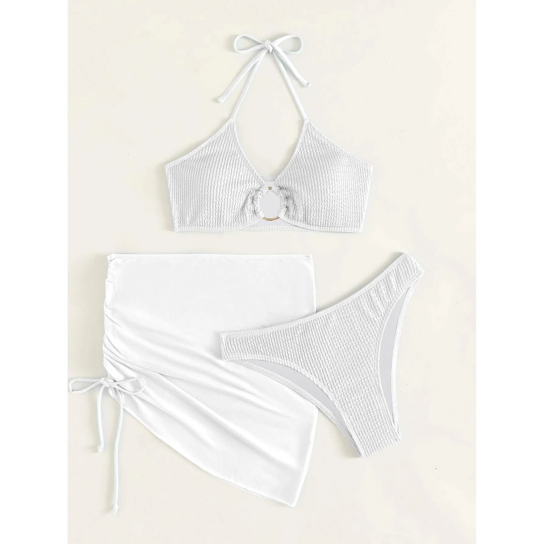 3-Pack: Textured Ring Linked Halter Bikini Swimsuit &amp; Beach Skirt