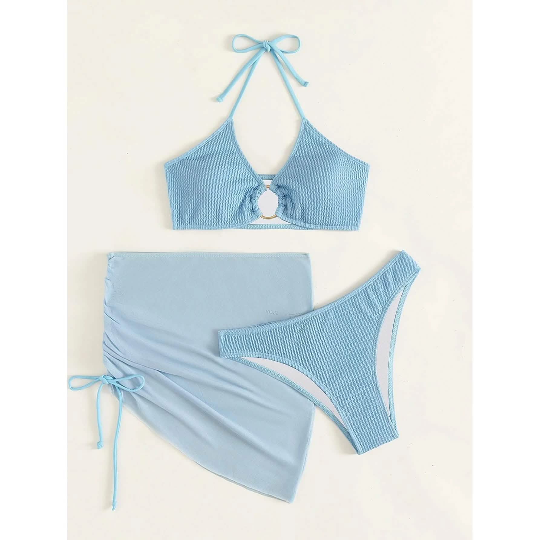 3-Pack: Textured Ring Linked Halter Bikini Swimsuit &amp; Beach Skirt