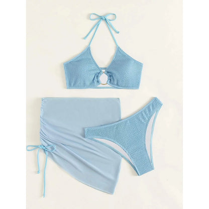 3-Pack: Textured Ring Linked Halter Bikini Swimsuit &amp; Beach Skirt