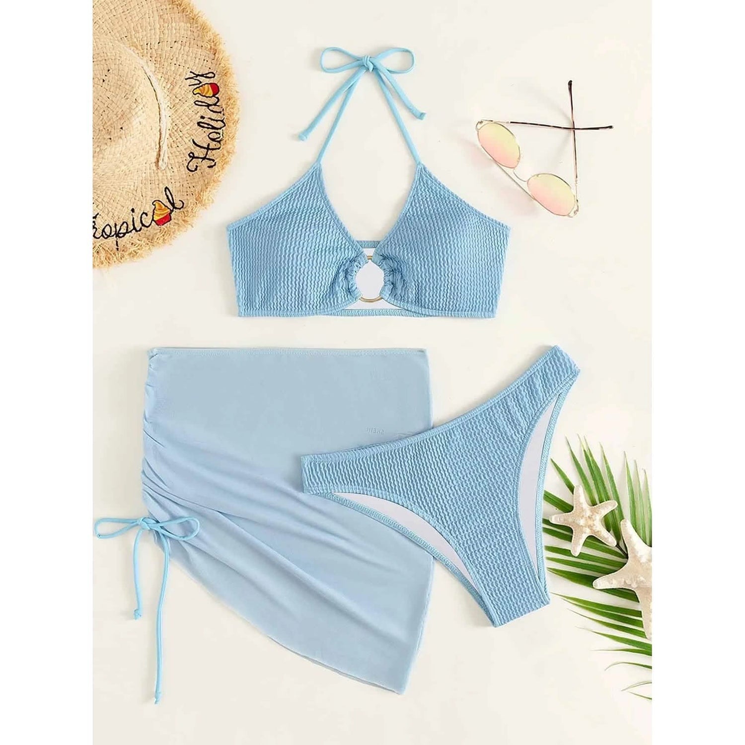 3-Pack: Textured Ring Linked Halter Bikini Swimsuit &amp; Beach Skirt