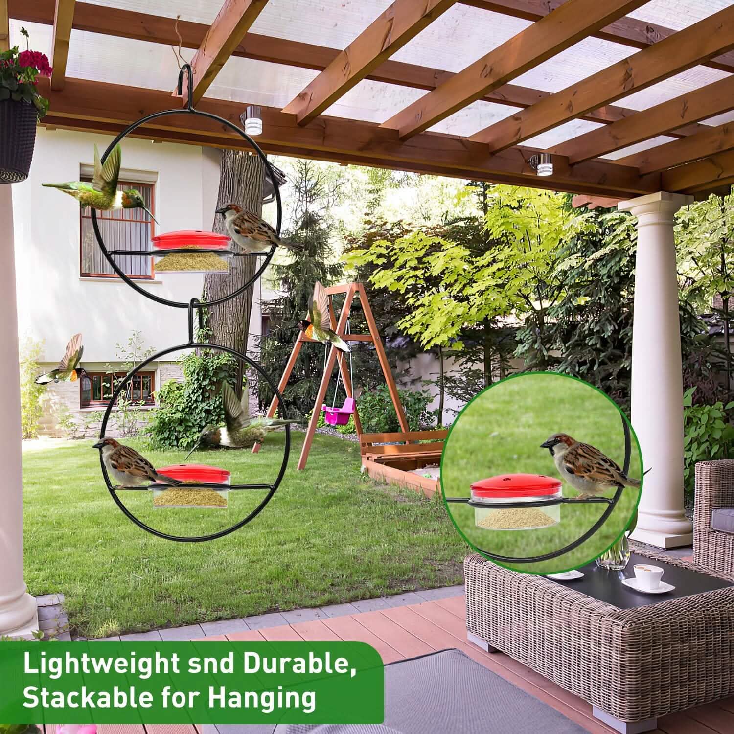 3-Pieces: Stackable Hanging Humming Bird Feeder with Metal Frame &amp; Red Plastic Bowl