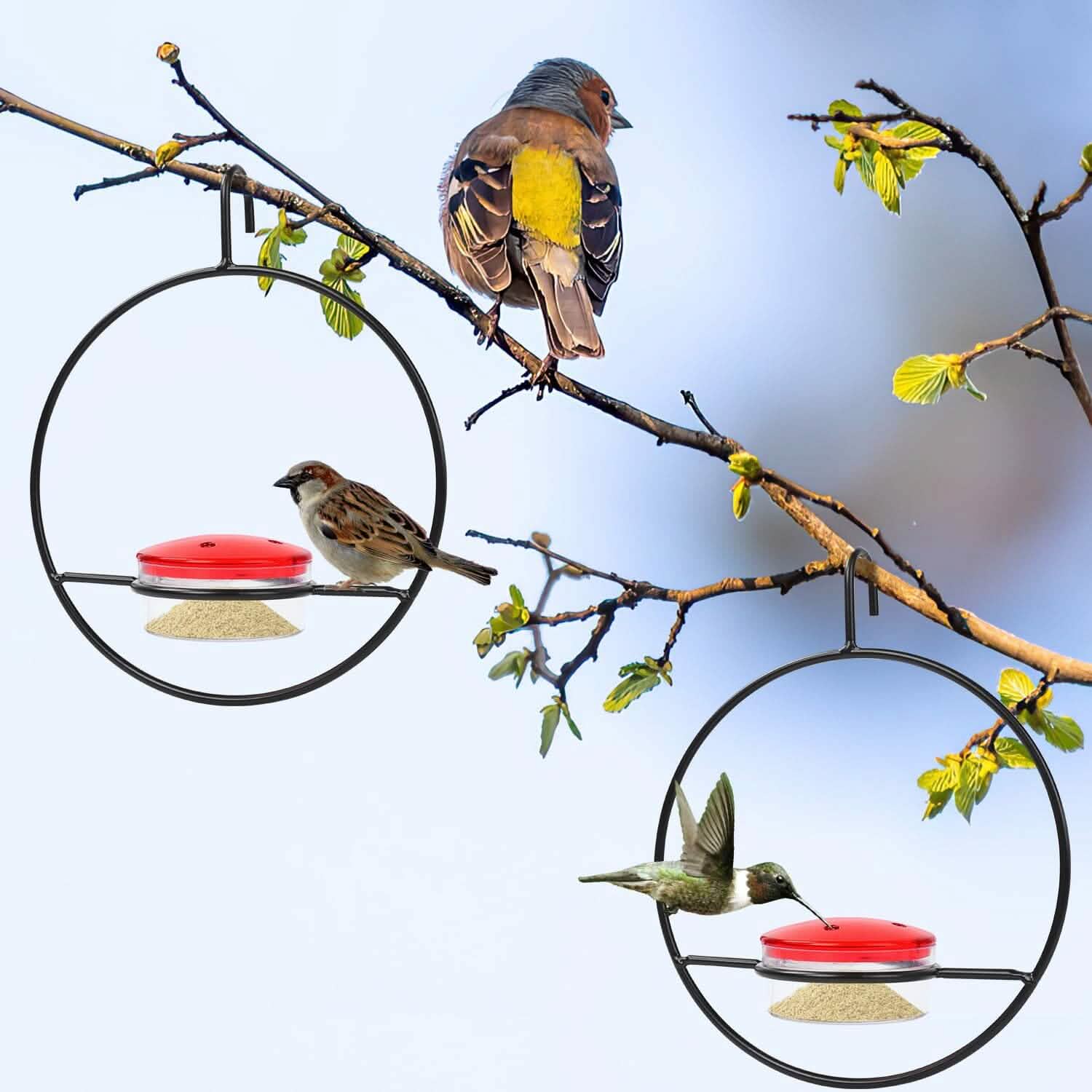 3-Pieces: Stackable Hanging Humming Bird Feeder with Metal Frame &amp; Red Plastic Bowl