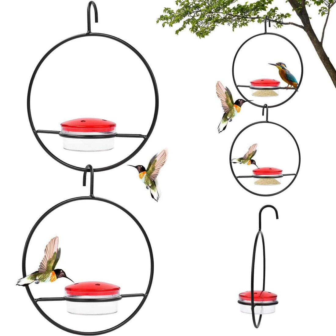 3-Pieces: Stackable Hanging Humming Bird Feeder with Metal Frame &amp; Red Plastic Bowl