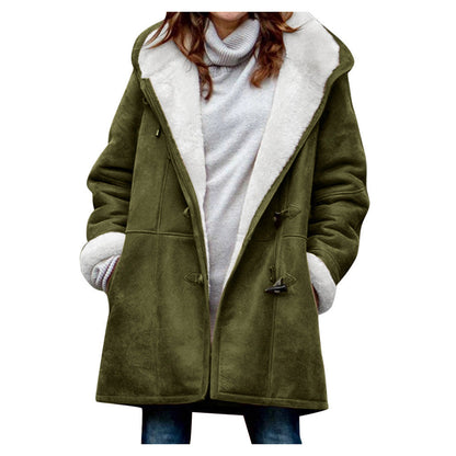 Winter Button Coat Fashion Warm Hooded Jacket With Pockets Women&