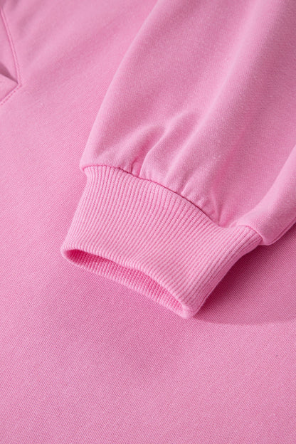 Bright Pink Polo Collar V Neck Pullover and Drawstring Sweatpants Set