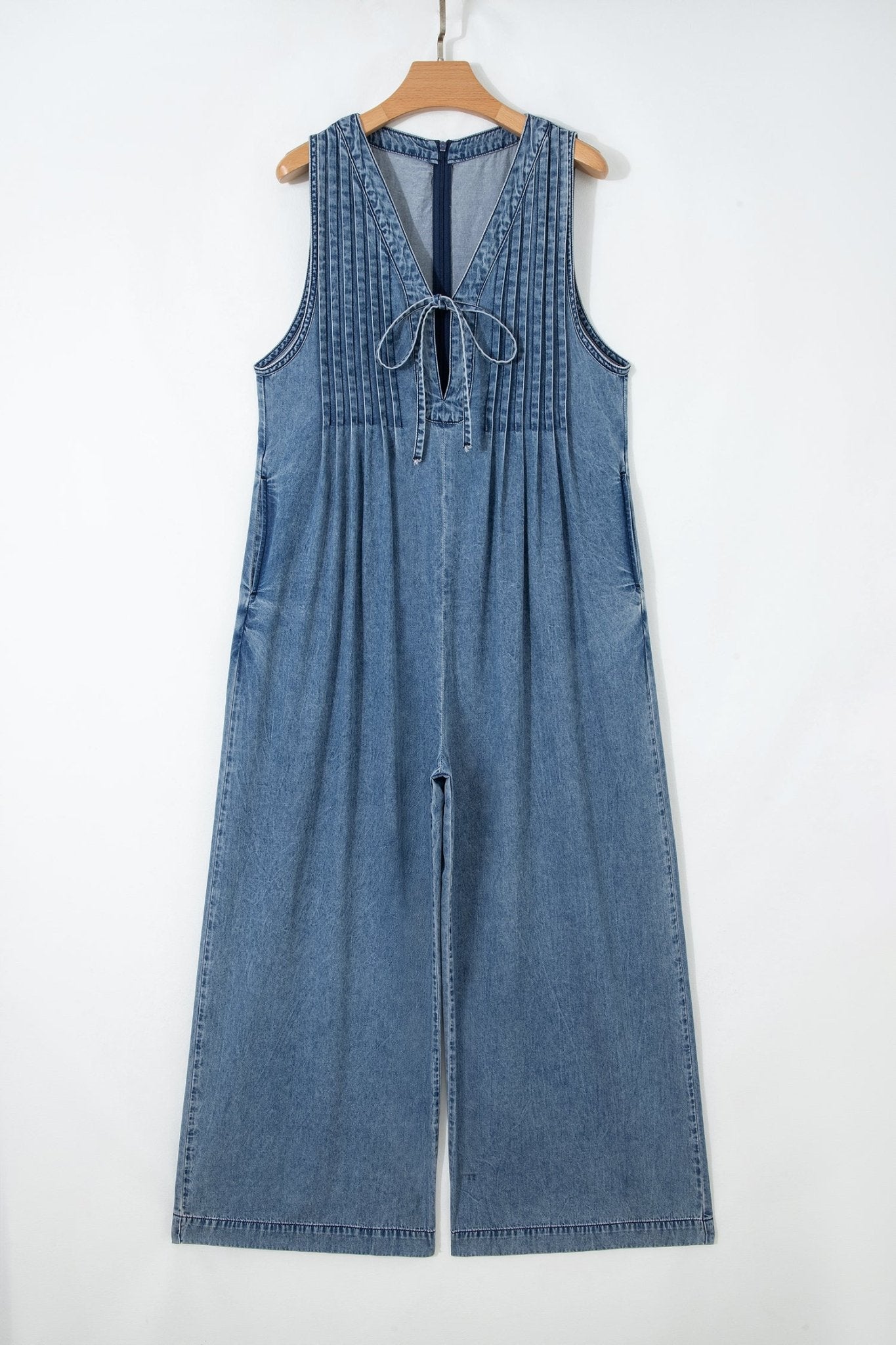 Dusk Blue Acid Wash Pintuck Tie V Neck Denim Wide Leg Jumpsuit - Loving It Shop