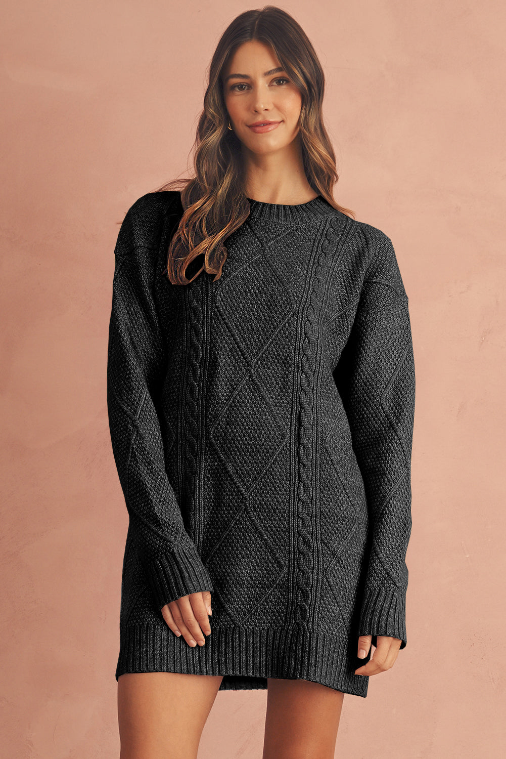 Mist Green Twist Cable Knit Drop Shoulder Loose Fit Sweater Dress