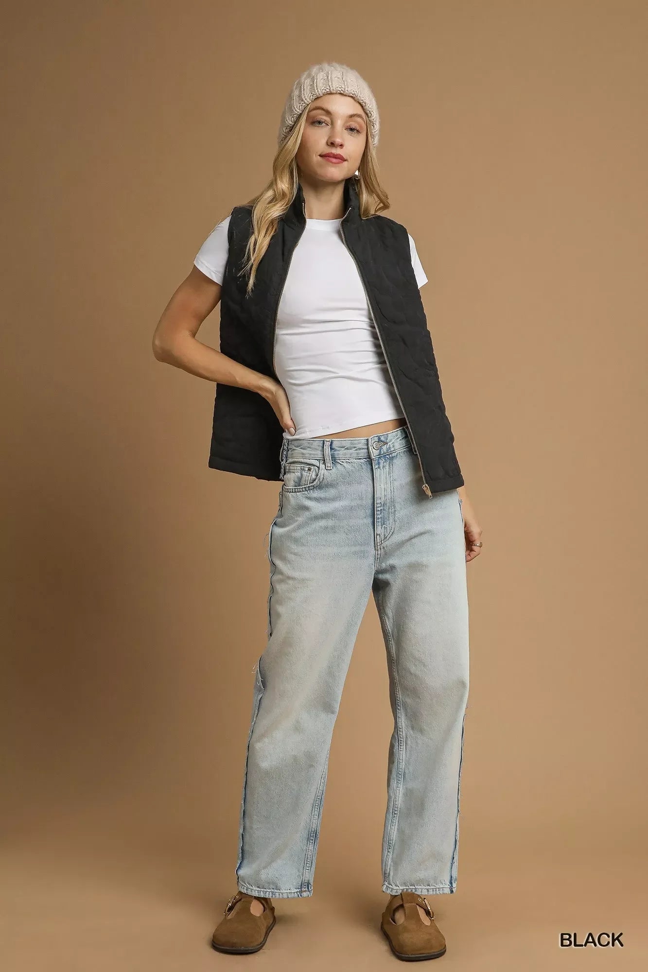 Quilted Floral Zip Up Vest with Pockets