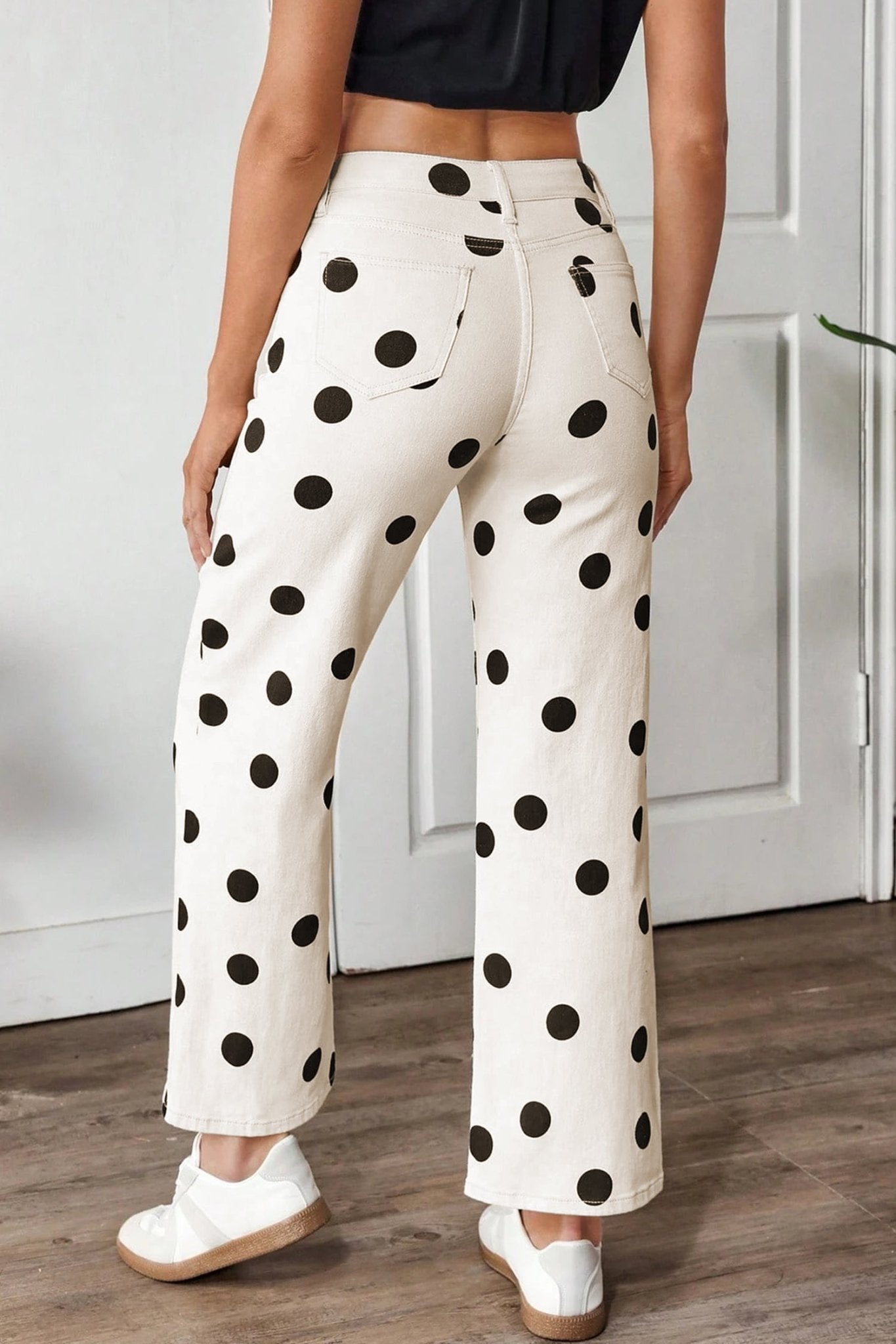 White Polka Dot Print Wide Leg Ankle - Length Jeans - Loving It Shop