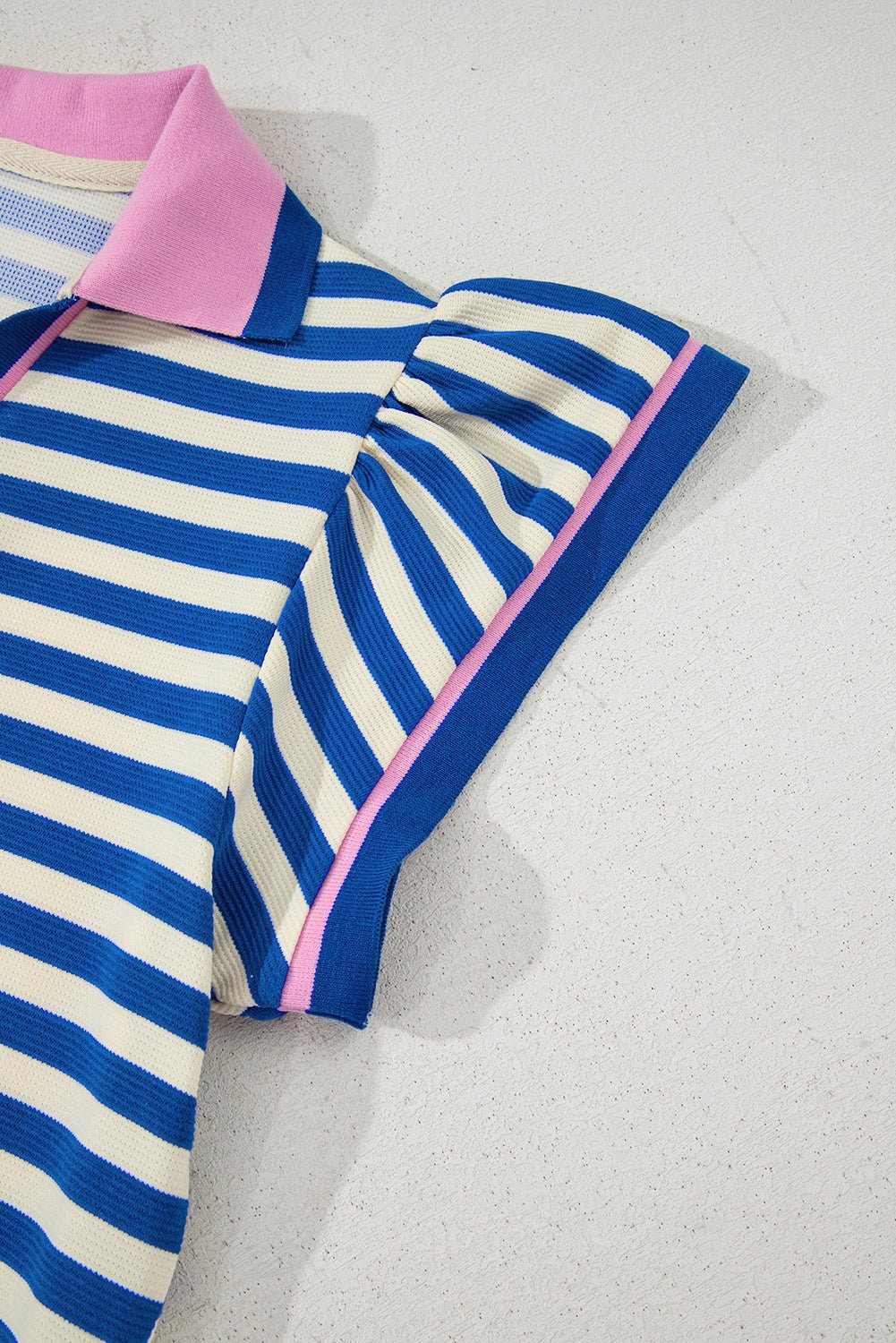 Dark Blue Stripe Print Contrast Collar Split Neck Flutter Sleeve Short Dress - Loving It Shop