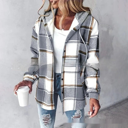 Plaid Hooded Jacket Fashion Casual Button Pocket Coat Autumn And Winter Women&