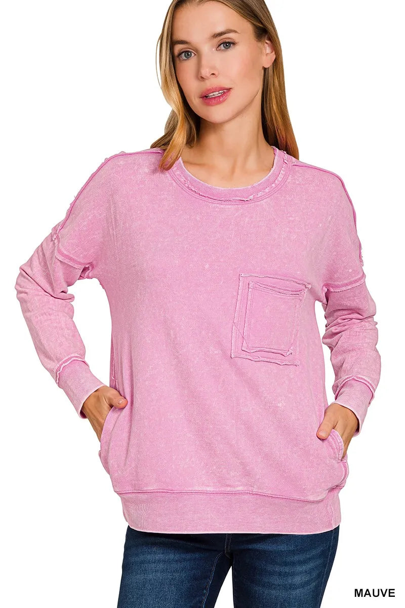 I am a Fashion Junky French Terry Washed Raw Edge Front Pocket Pullover