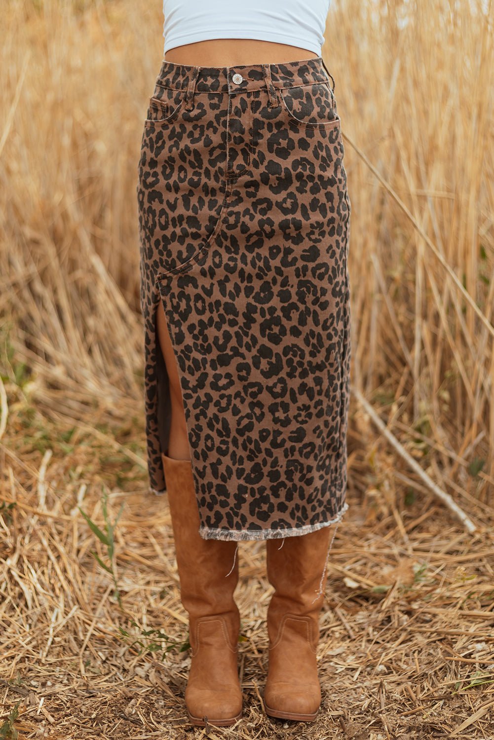 Brown Leopard Denim Frayed Split Denim Midi Skirt - Loving It Shop