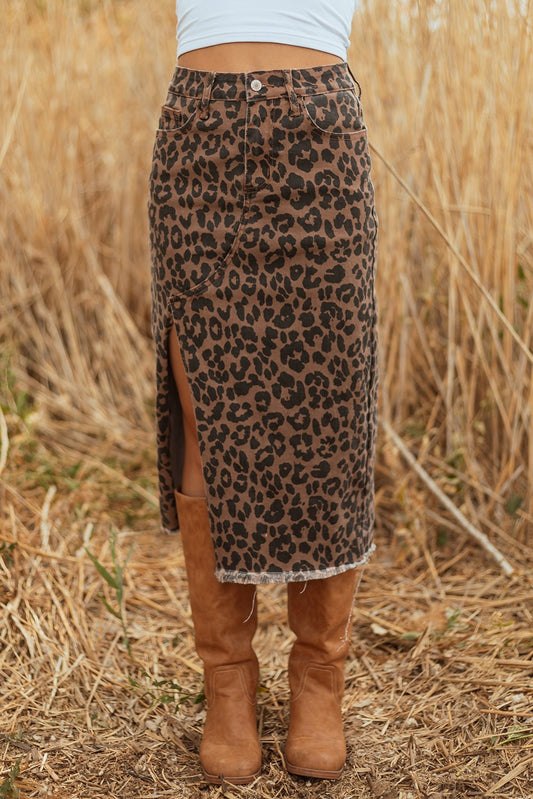 Brown Leopard Denim Frayed Split Denim Midi Skirt - Loving It Shop