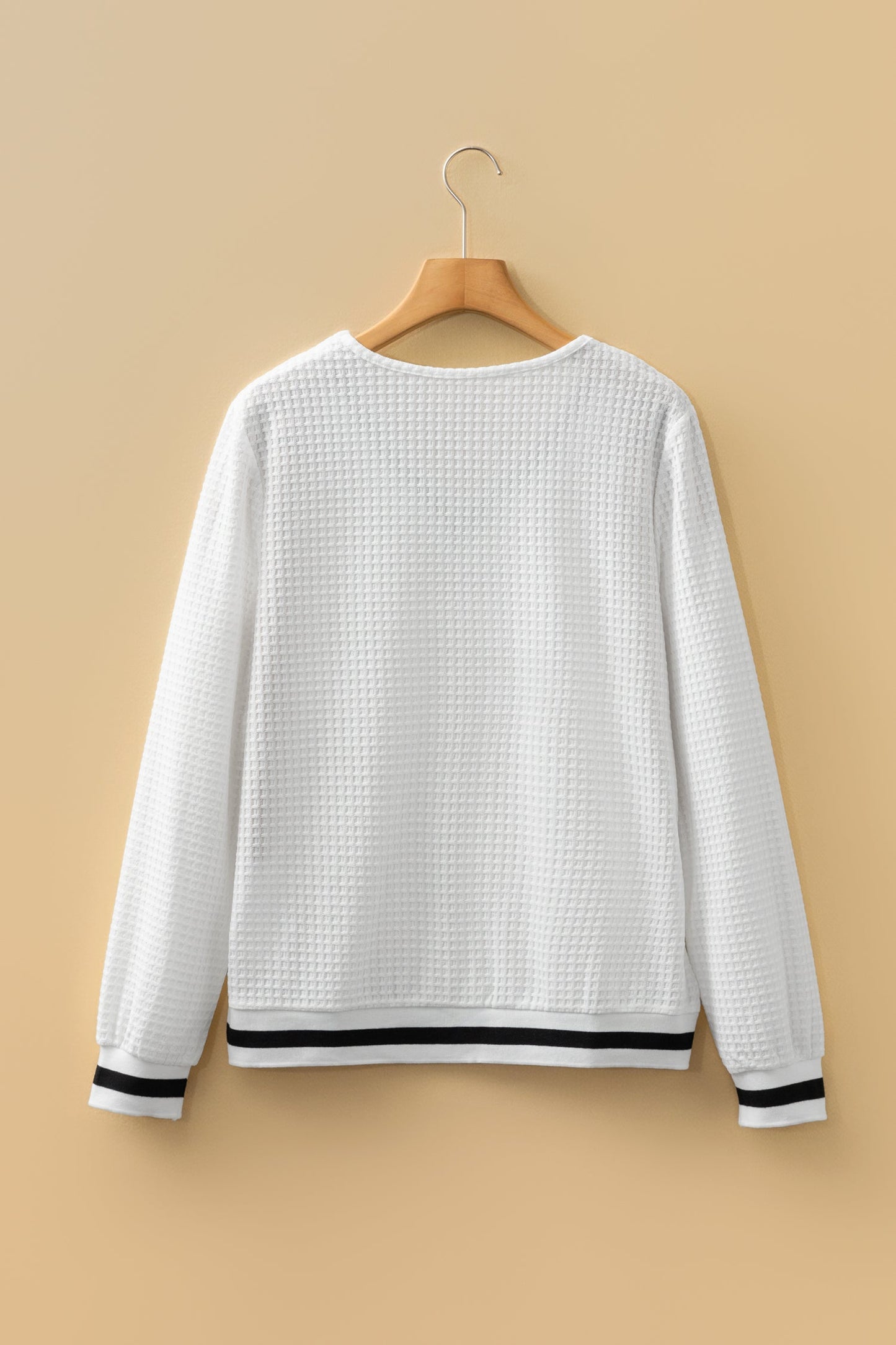 White Textured Knit Preppy Striped Trim V Neck Pullover Waffle Top