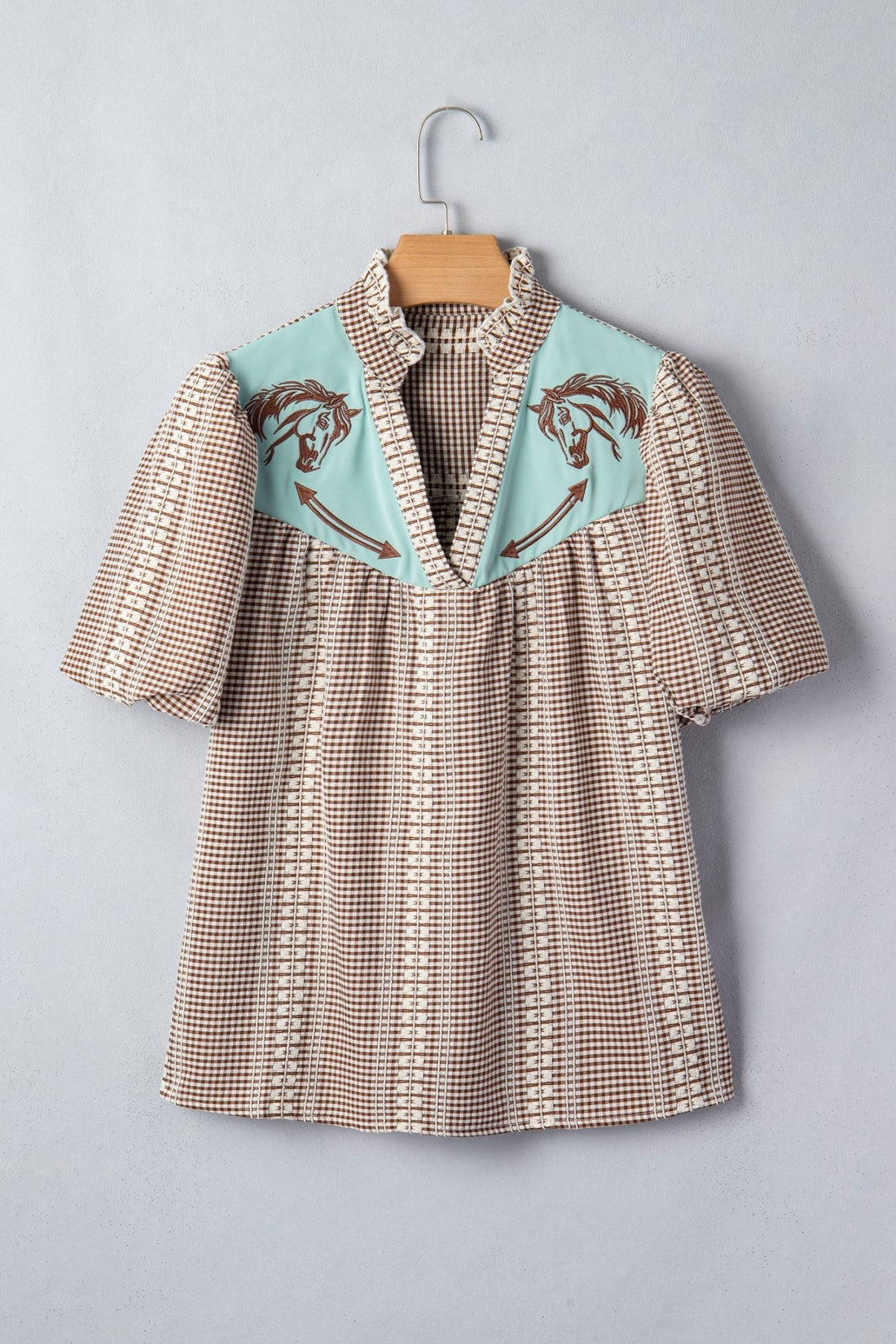 Brown Western Pony Embroidered Yoke Puff Sleeve Gingham Blouse - Loving It Shop