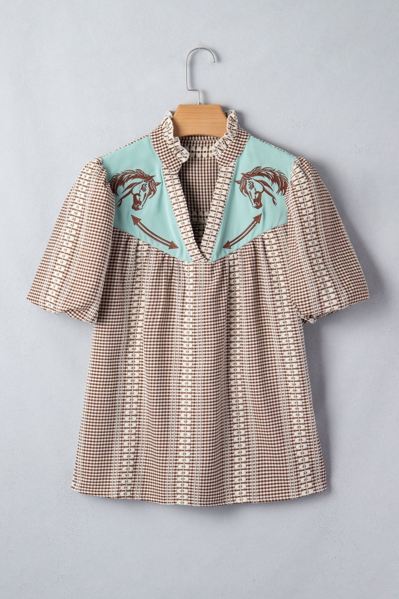Brown Western Pony Embroidered Yoke Puff Sleeve Gingham Blouse - Loving It Shop