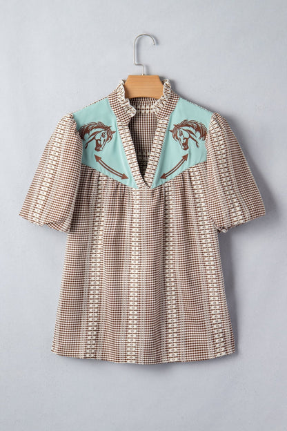 Brown Western Pony Embroidered Yoke Puff Sleeve Gingham Blouse - Loving It Shop
